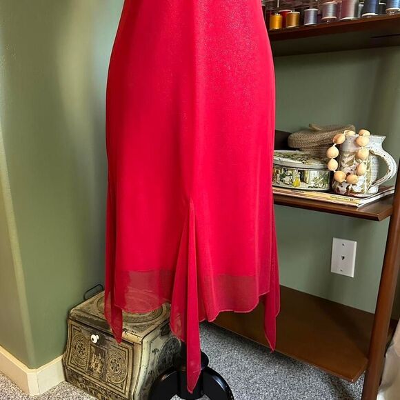 Vintage Red Glitter Slip Dress w/ Black Lace Trim – Size M - Glam Goth - Picture 3 of 8